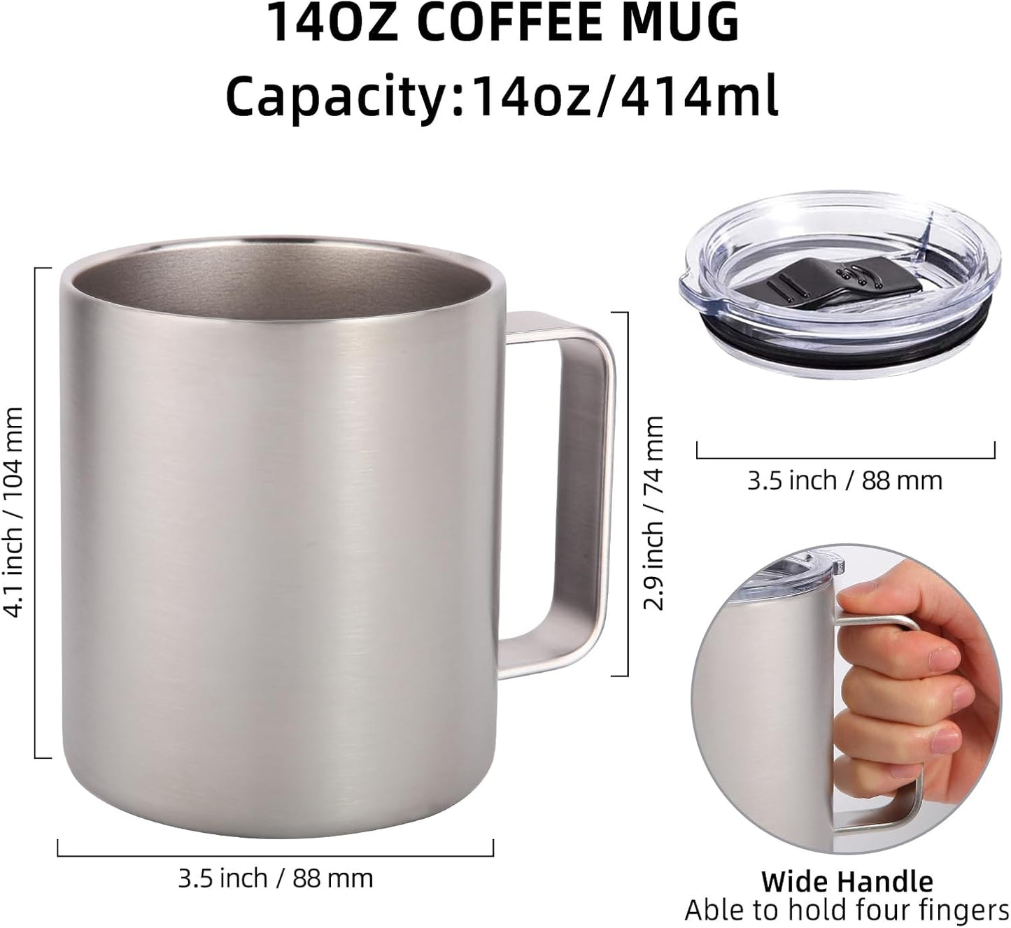 Volhoply 14oz Insulated Stainless Steel Coffee Mug with Lid Bulk 4 Pack,Double Wall Vacuum Travel Coffee Cup with Handle,Reusable Metal Cups Tumbler Cup,Camping Mugs,Ideal Gifts(Mix,4)