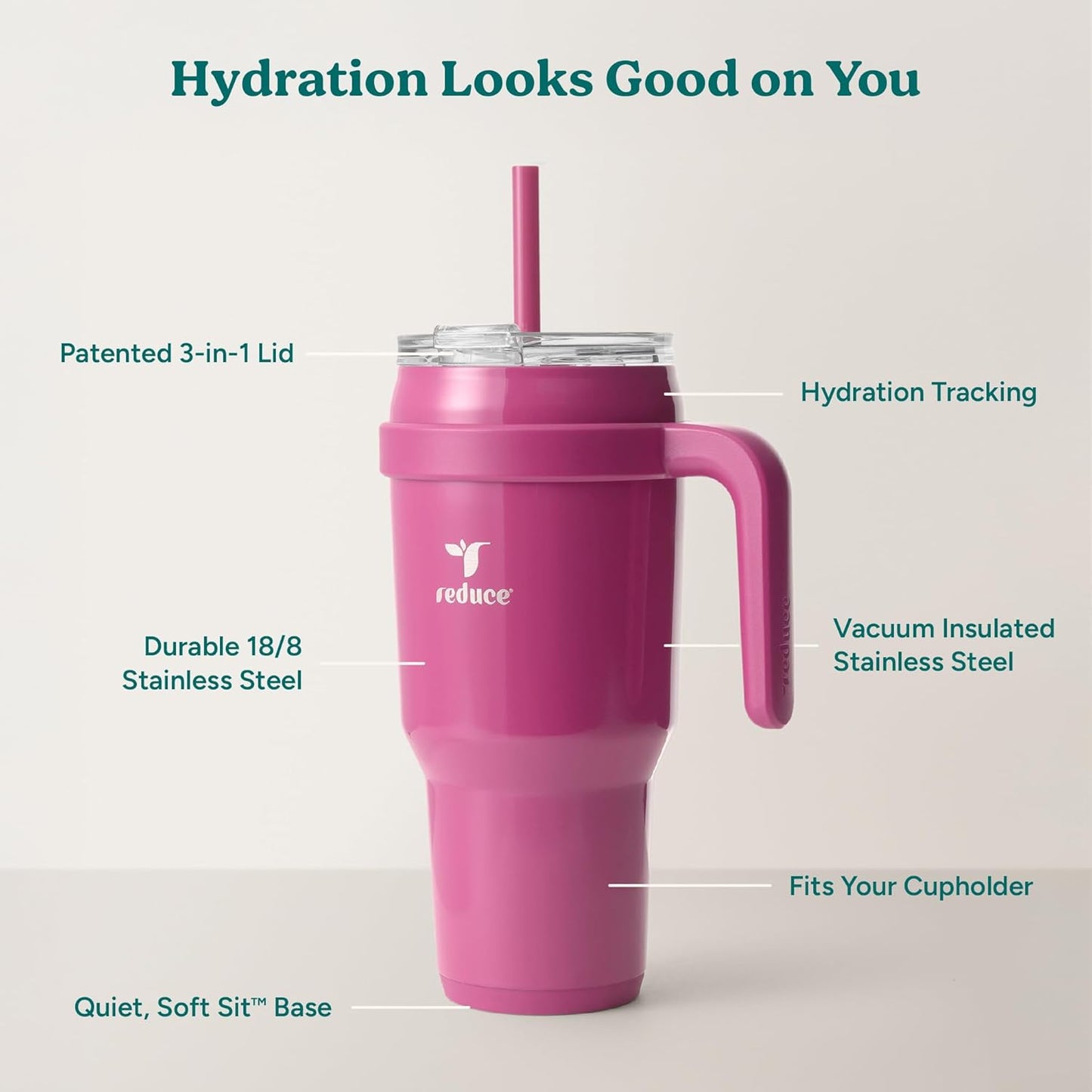 REDUCE 24 oz Stainless Steel Tumbler with Handle - Dual-Wall Vacuum Insulated Travel Mug, Sweat-Proof Lid & Reusable Straw - Keeps Drinks Cold for 24 Hrs, Fits Cupholders, Dishwasher Safe - Lilac Bud