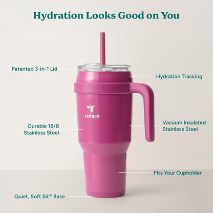REDUCE 24 oz Stainless Steel Tumbler with Handle - Dual-Wall Vacuum Insulated Travel Mug, Sweat-Proof Lid & Reusable Straw - Keeps Drinks Cold for 24 Hrs, Fits Cupholders, Dishwasher Safe - Lilac Bud