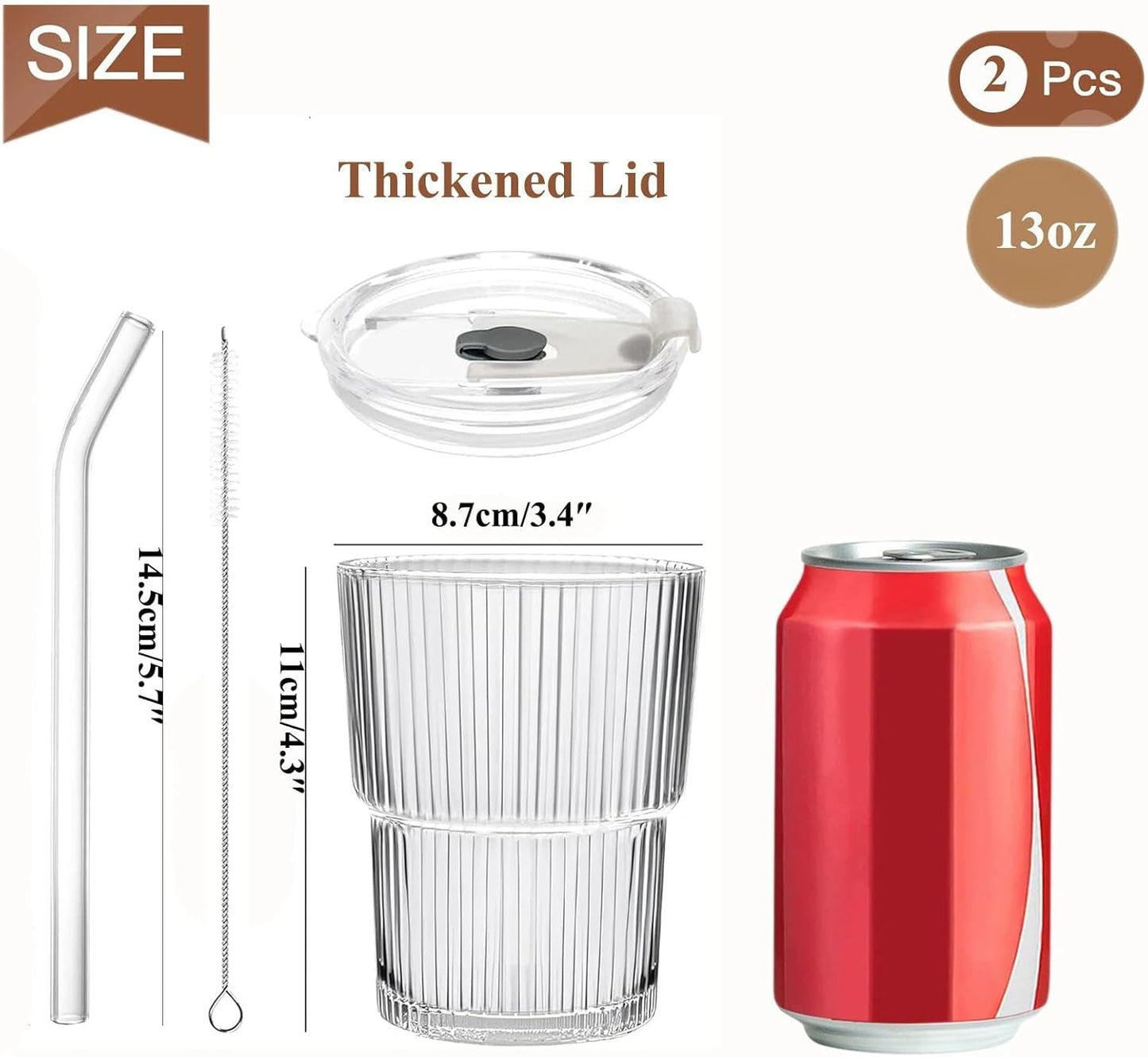 Ribbed Glass Tumbler with Lid and Straws, Resuable Ice Coffee Cups, To Go Iced Coffee Cups for Water, Smoothie, Matcha, Iced Tea Fruit Juice, Clear, 13oz, Set of 2