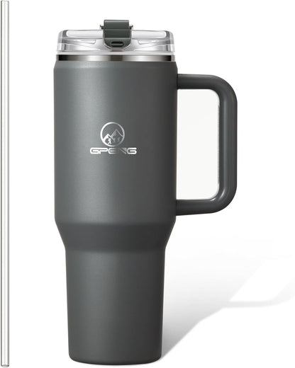Gpeng 30/40/50 oz Tumbler with Handle, Water Bottles with Straw Lid, Insulated Stainless Steel Travel Mug Cup Holder Friendly, Keep Drinks Cold or Hot for Hours (LightGrey, 50 oz)
