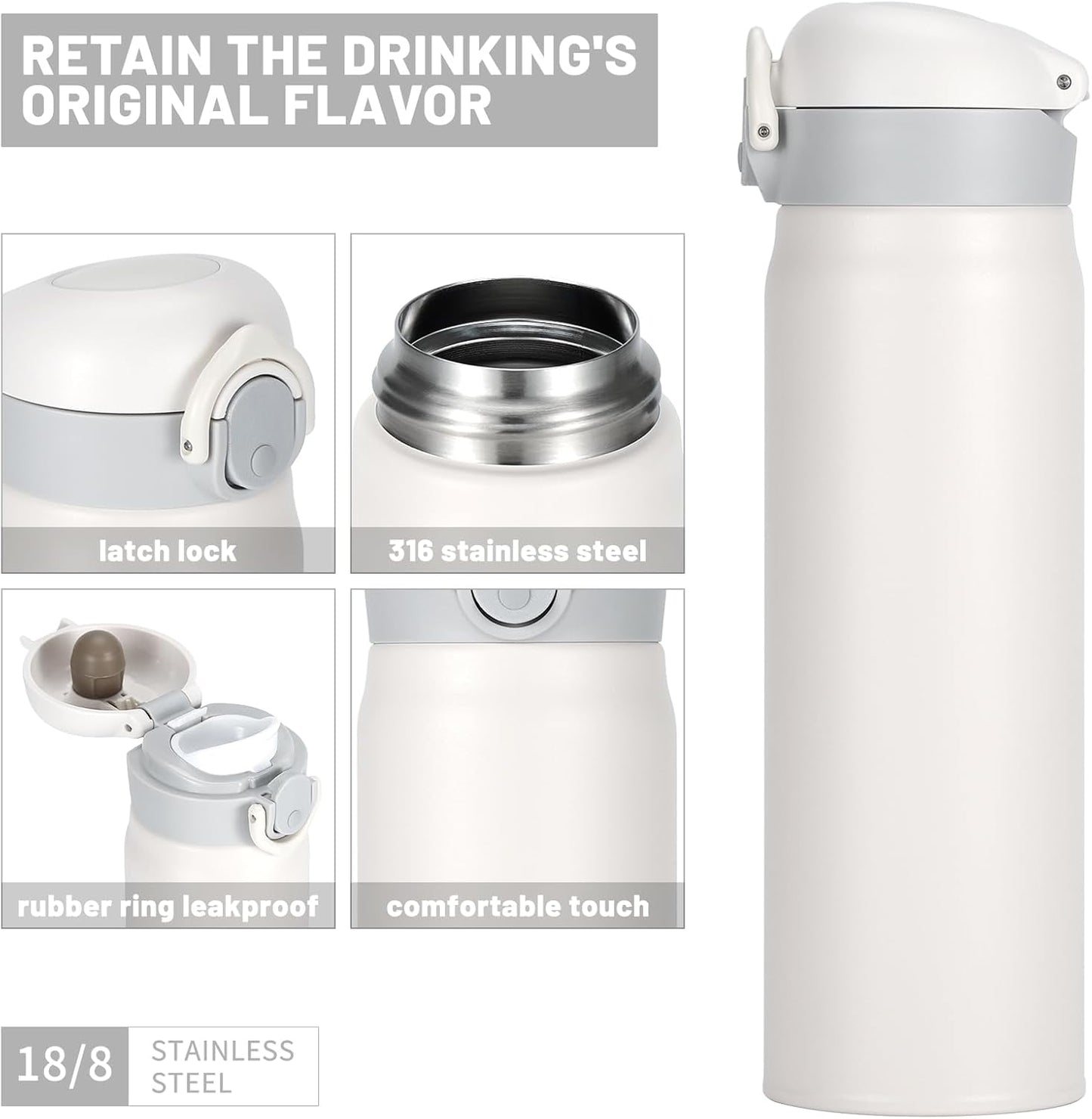 17 oz / 500 ml Insulated Water Bottle, Stainless Steel Thermo Coffee Travel Mug, Thermal Cup with Snap Flip Lid, BPA Free for Hot and Cold Drinking, Black