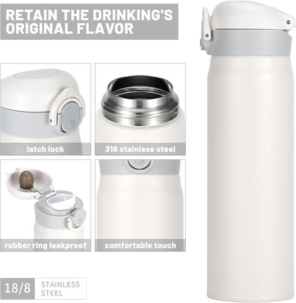 17 oz / 500 ml Insulated Water Bottle, Stainless Steel Thermo Coffee Travel Mug, Thermal Cup with Snap Flip Lid, BPA Free for Hot and Cold Drinking, Black