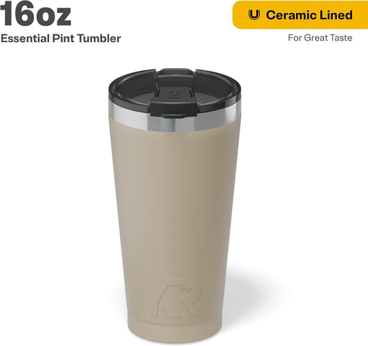 RTIC 16oz Essential Pint Tumbler with Lid, Ceramic Lined, Insulated, Stainless Steel, Metal, Double Wall Vacuum-Insulation, Portable Travel Cup for Beer, Iced Coffee, Tea, Hot and Cold Drink, Olive