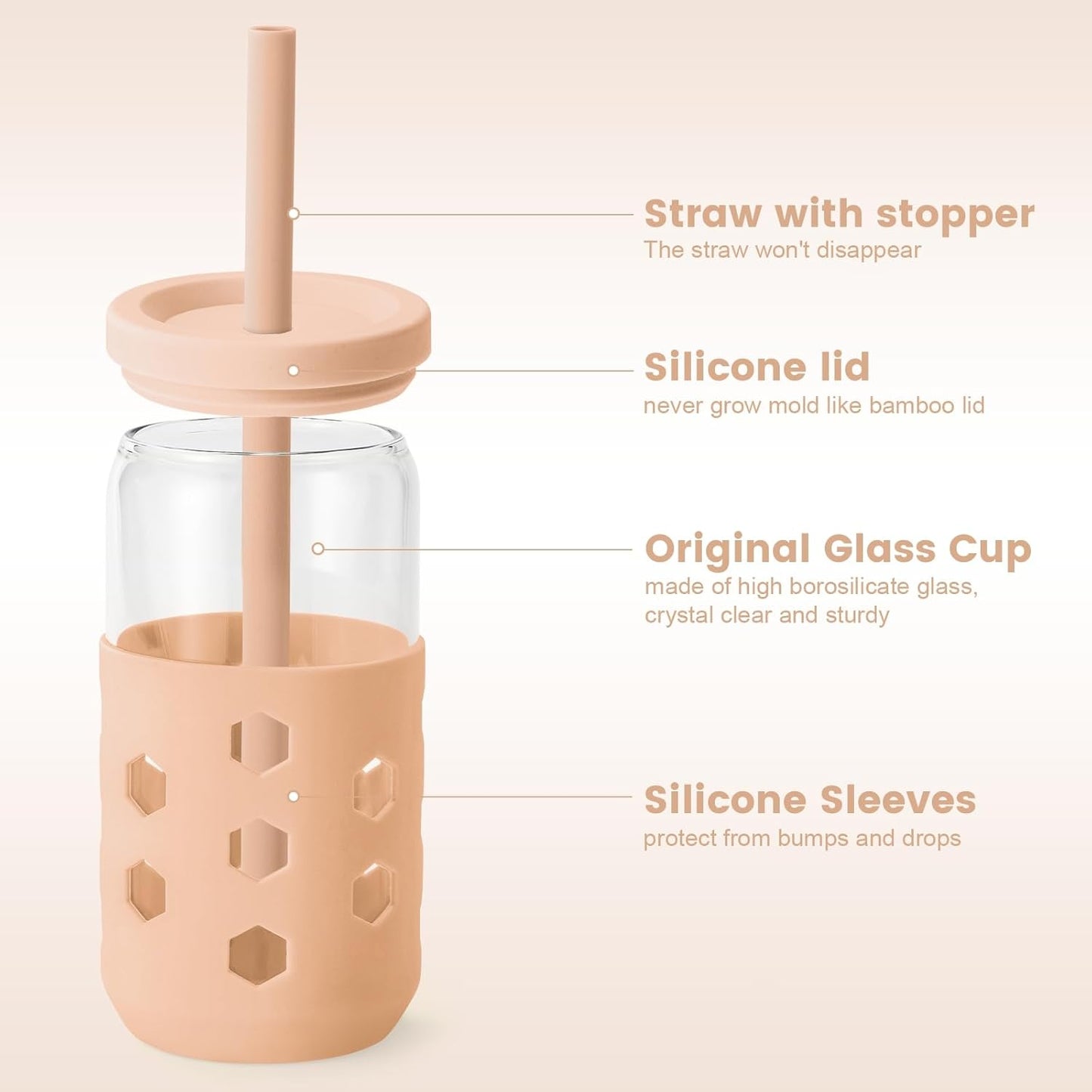 Mrsdry Glass Cups with Lids and Straws (4 Pcs), 16oz Drinking Glasses Set with Silicone Sleeves for Coffee Bar Accessories Iced Coffee Cups with Lids, Glass Tumbler Reusable for Gifts