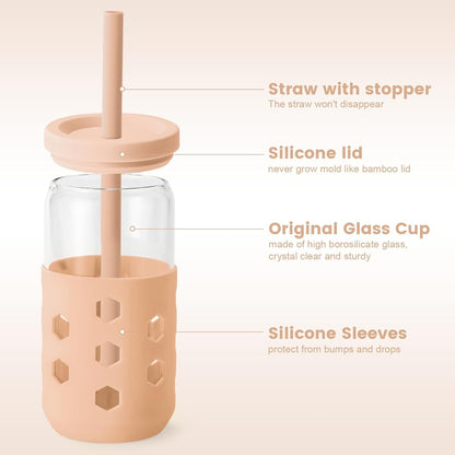 Mrsdry Glass Cups with Lids and Straws (4 Pcs), 16oz Drinking Glasses Set with Silicone Sleeves for Coffee Bar Accessories Iced Coffee Cups with Lids, Glass Tumbler Reusable for Gifts