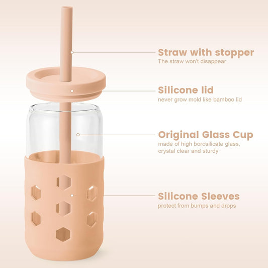 Mrsdry Glass Cups with Lids and Straws (4 Pcs), 16oz Drinking Glasses Set with Silicone Sleeves for Coffee Bar Accessories Iced Coffee Cups with Lids, Glass Tumbler Reusable for Gifts