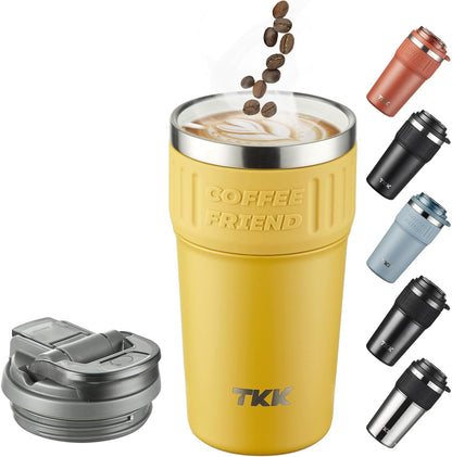 TKK Insulated Coffee Mug with Ceramic Coating, 21oz Iced Coffee Tumbler Cup with Straw Lid Double Wall Vacuum Leak Proof Travel Mug with Strap for Hot and Iced Beverage, Tungsten Steel