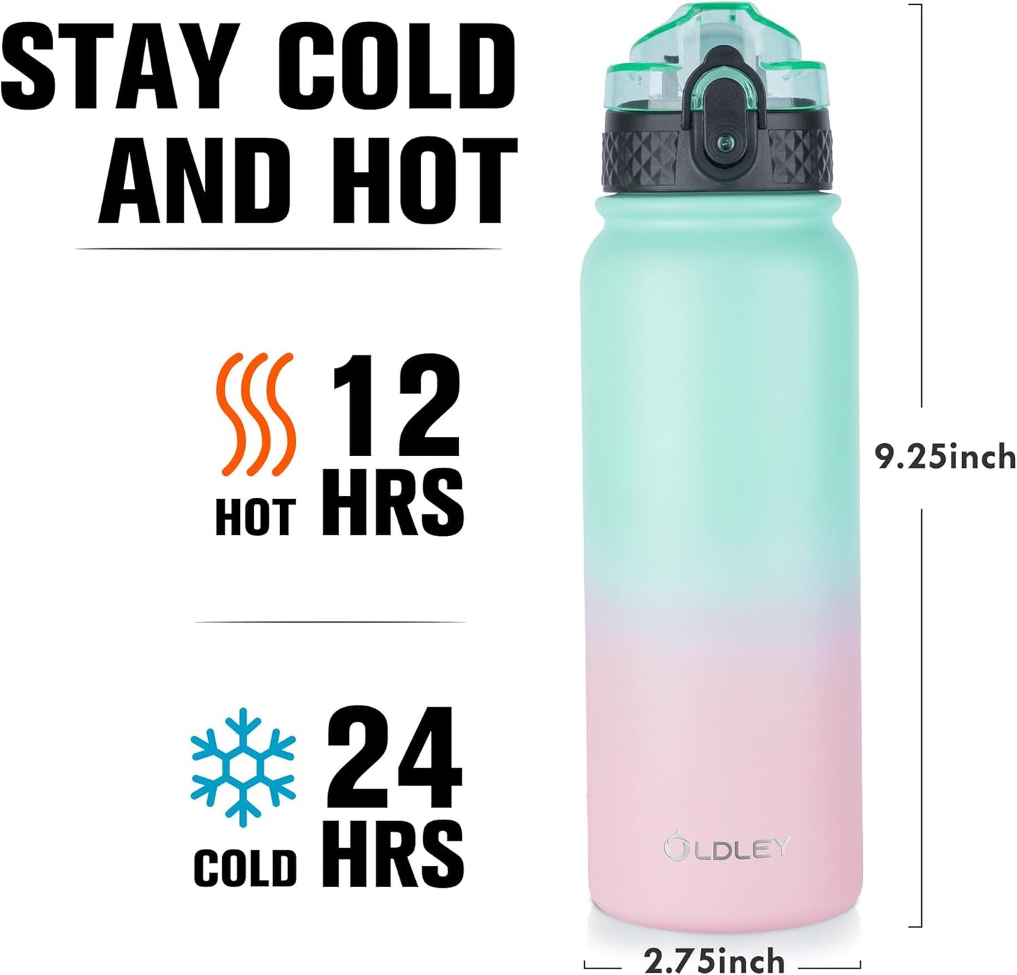 Oldley Insulated Water Bottle 20oz for Adults Kids Stainless Steel Water Bottles with Straw/Chug/Carabiner 3 Lids Fruit Strainer Double Wall Vacuum Wide Mouth BPA Free Leak-Proof for School Travel