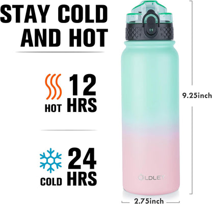 Oldley Insulated Water Bottle 20oz for Adults Kids Stainless Steel Water Bottles with Straw/Chug/Carabiner 3 Lids Fruit Strainer Double Wall Vacuum Wide Mouth BPA Free Leak-Proof for School Travel