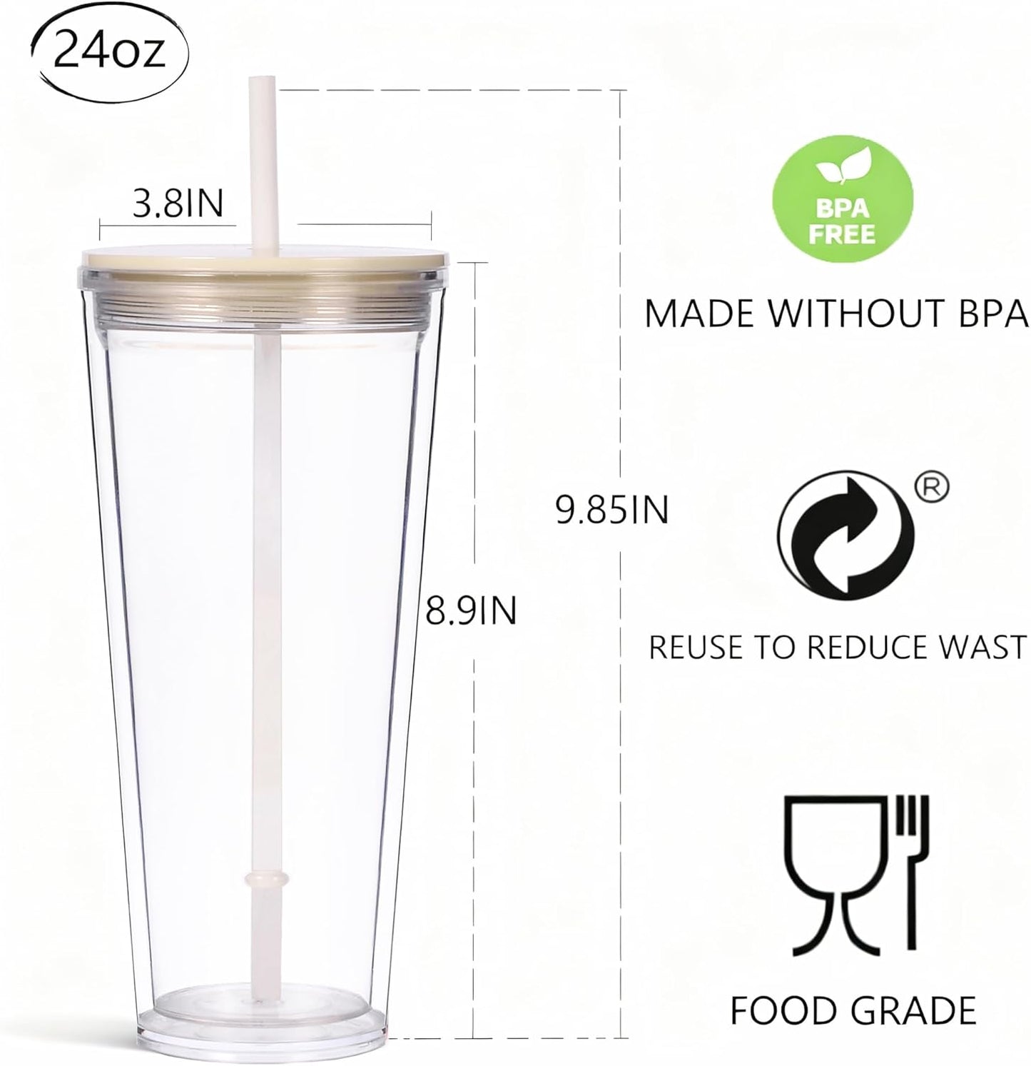 24oz Tumbler with Lid and Straw, Leak Proof and Double Wall Insulated Reusable Plastic Cups,Travel Reusable Iced Coffee Cup (1, Pink)