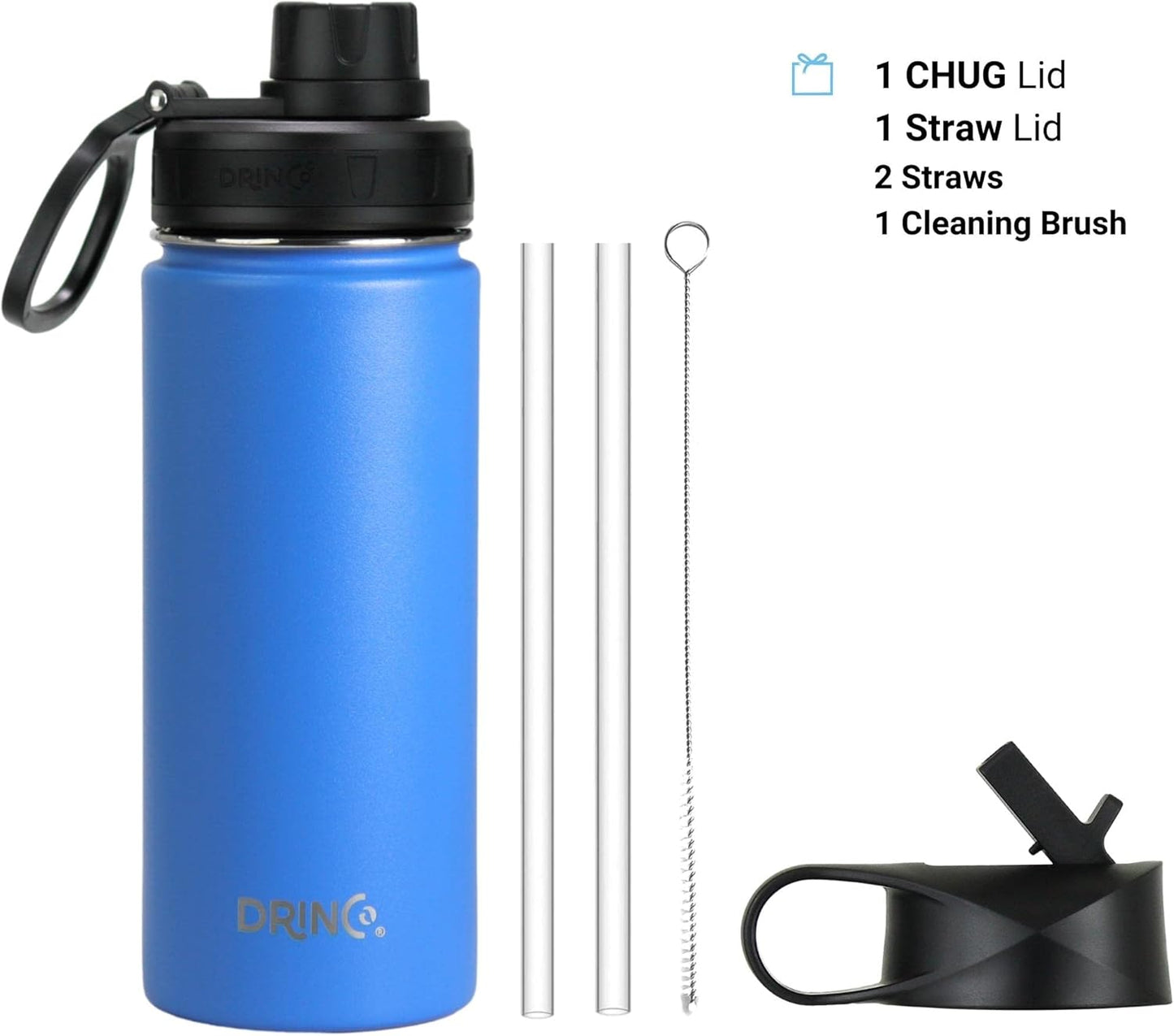 Drinco Stainless Steel Water Bottle Spout Lid Vacuum Insulated Double Wall Water Bottle Wide Mouth (40oz 32oz 22oz 18oz 14oz) Leak Proof Keep Cold Sport Camping Hiking (22 oz, 22oz Black)