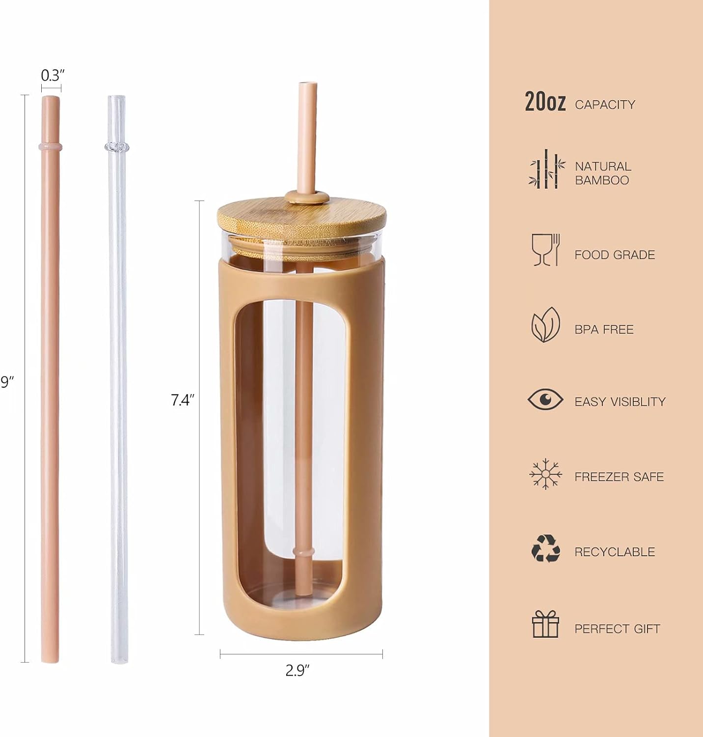 Kodrine 20oz Glass Water Tumbler with Straw and Lid, Bamboo Lids Water Bottle, Iced Coffee Cup Reusable, Wide Mouth Smoothie Cups with Protective Silicone Sleeve BPA FREE-Black - Colors A