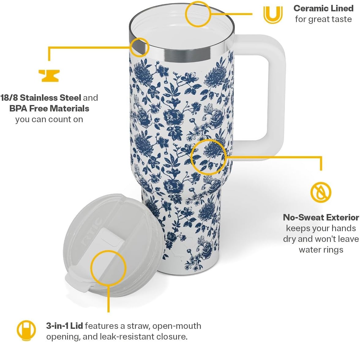 RTIC 30 oz Road Trip Tumbler Double-Walled Ceramic Lined InsulatedStainless Steel Portable Travel Coffee Mug Cup with Lid, Handle and Straw, Periwinkle Bouquet