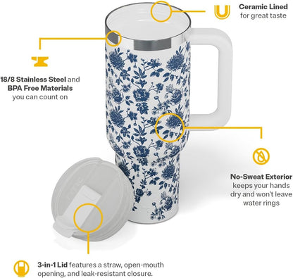 RTIC 30 oz Road Trip Tumbler Double-Walled Ceramic Lined InsulatedStainless Steel Portable Travel Coffee Mug Cup with Lid, Handle and Straw, Periwinkle Bouquet