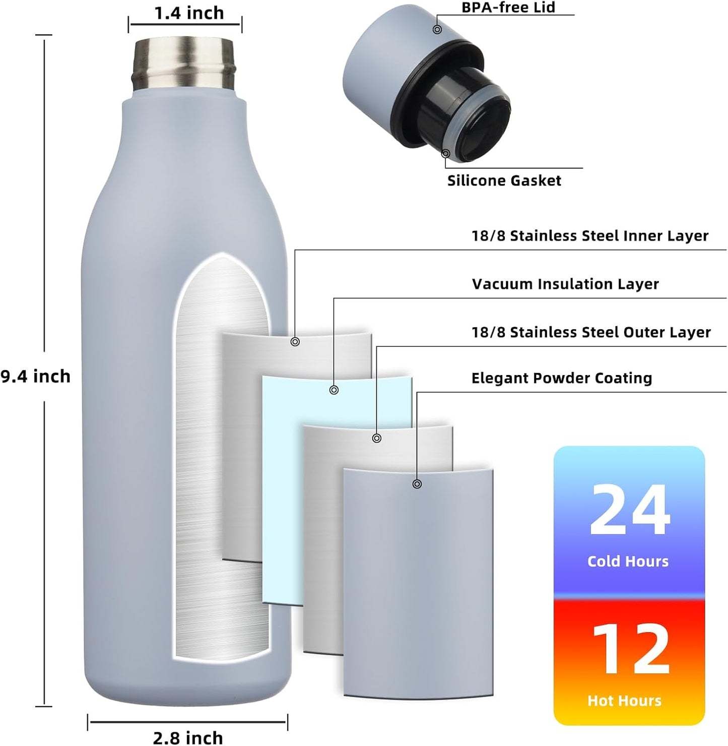 BJPKPK Insulated Water Bottles, 18 oz Stainless Steel Metal Water Bottle with Strap, BPA Free Leak Proof Jugs, Mugs, Flasks, Reusable Thermal Flasks for Sports & Travel, Black - Colors B