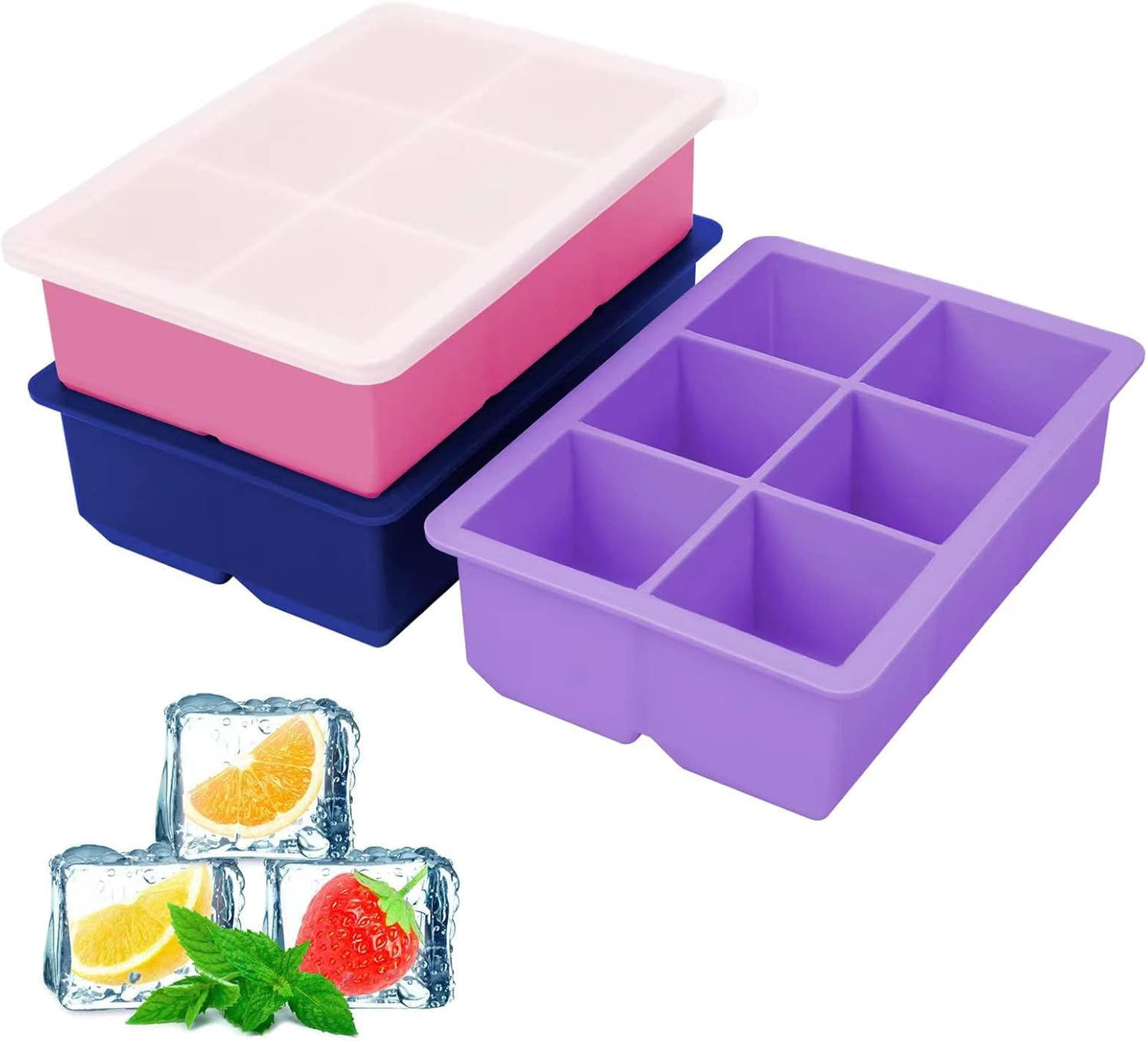 Excnorm Silicone Ice Cube Trays 3 Pack - Large Size Silicone Ice Cube Molds with Leak Proof Removable Lid Square Ice Cube Tray And BPA Free for Cocktail,Whiskey, Stackable Flexible Ice