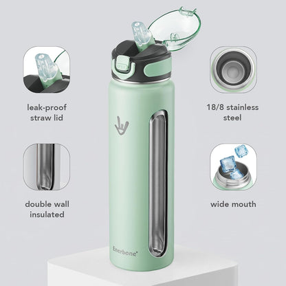 Enerbone 24 oz Insulated Water Bottle, Stainless Steel Bottle with Carrying Strap, Double-Wall Vacuum Insulation Design, Leakproof Sports Bottle with Straw, Keep Drinks Cold or Hot for Hours