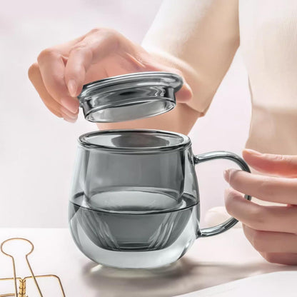DOPUDO Glass Tea Cup with Infuser and Lid, 17.6oz/520ml Large Borosilicate Teacup,Tea Glass, Clear Mug for Loose Leaf Tea, Blooming Tea, Microwave & Dishwasher Safe - Tea Maker Gift for Birthday.
