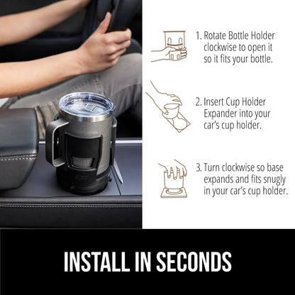 GORILLA GRIP Patent Pending Adjustable Car Cup Holder Expander, Keeps Water Bottle Secure, Expands to Fit 18 to 48 oz Large Bottles, Yeti, Owala, Stanley with Handle, Coffee Mug Insert for Cars, Black