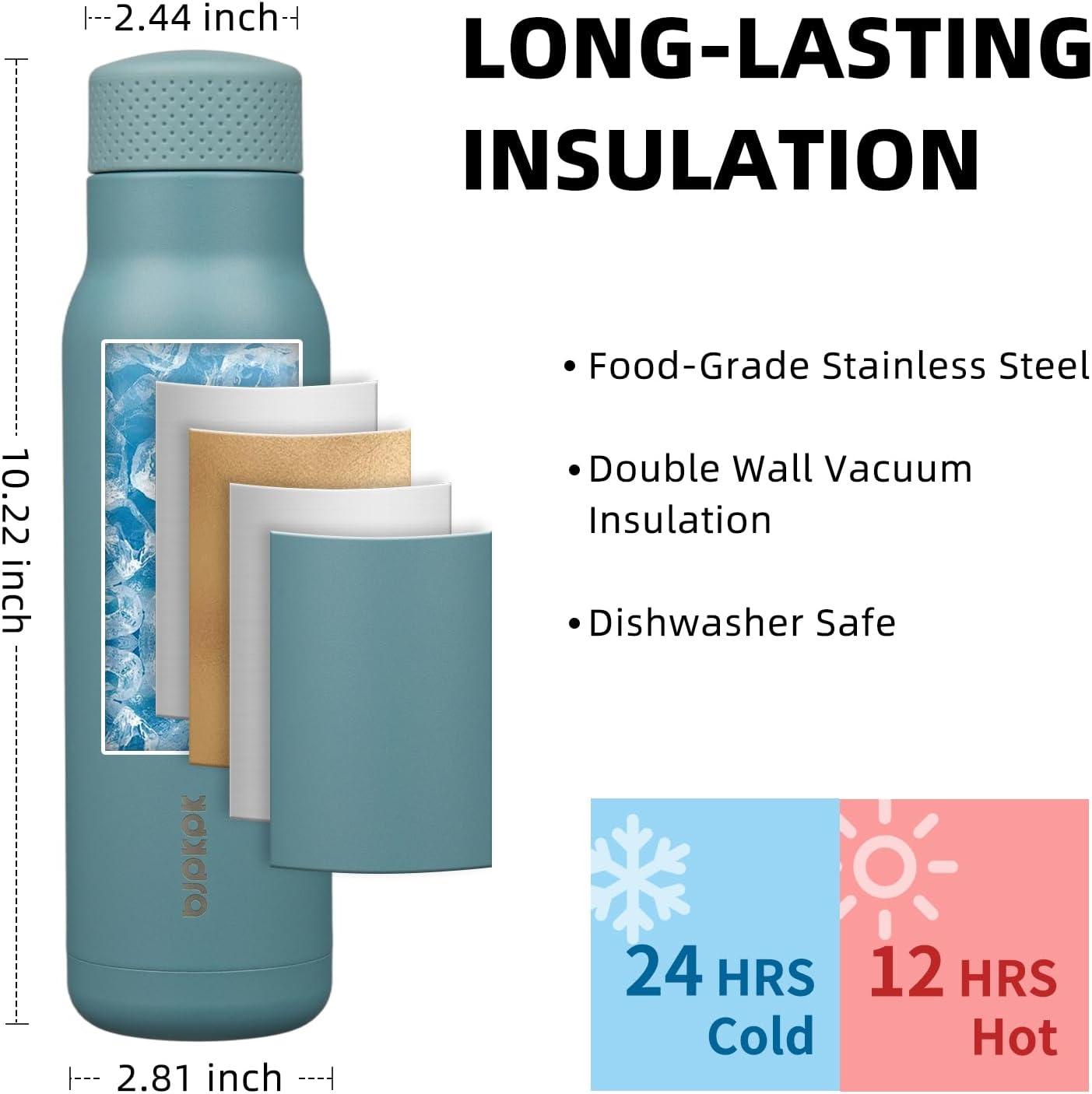 BJPKPK Stainless Steel Water Bottle,21oz insulated Reusable Bottle,Leakproof Metal Thermal Flask Double Wall,Keep Drinks Cold and Hot,Mint Green
