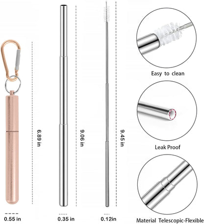 Collapsible Stainless Steel Drinking Straws with Aluminum Case, Cleaning Brush, and Keychains（Black+Silver）