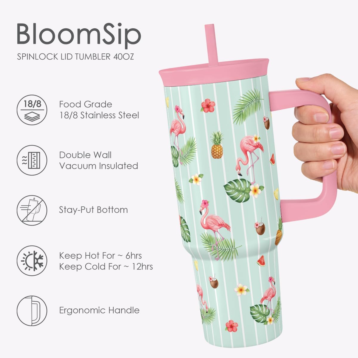SANDJEST Pickleball Stainless Steel Locking Lid Silicone Straw Tumbler with Handle 40oz, Insulated Stainless Steel Travel Cup for Women Girls Friends Players, Gift Idea for Birthday Christmas