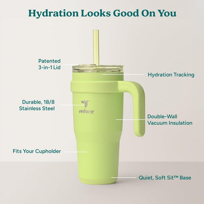 REDUCE 24 oz Stainless Steel Tumbler with Handle - Dual-Wall Vacuum Insulated Travel Mug, Sweat-Proof Lid & Reusable Straw - Keeps Drinks Cold for 24 Hrs, Fits Cupholders, Dishwasher Safe - Lilac Bud