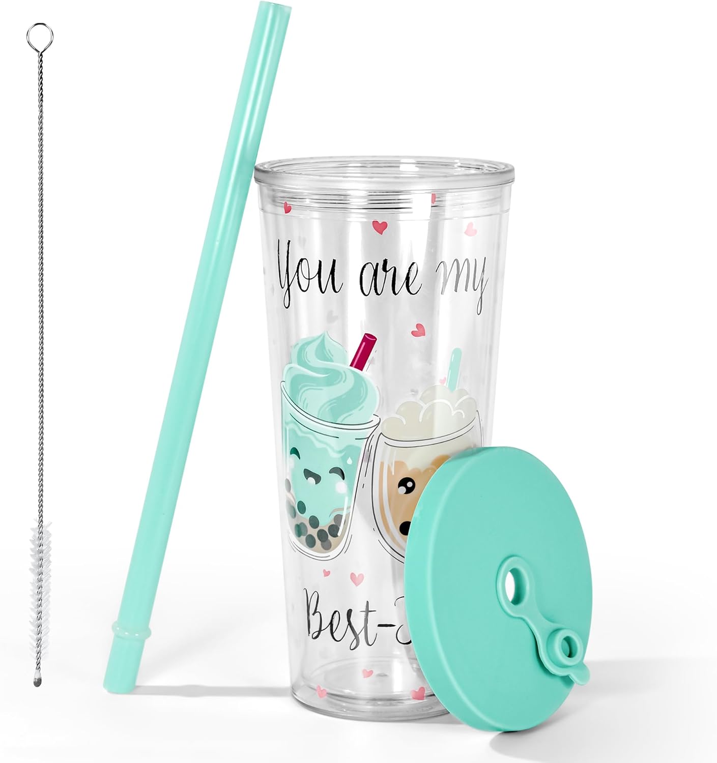 sweet grain Reuasble Boba Cup, 24 oz 100% Leak Proof and Double Wall Insulated Iced Coffee Tumbler with Reusable Plastic Straws and Straw Cleaner(Sky Blue)