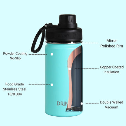 Drinco Stainless Steel Water Bottle Spout Lid Vacuum Insulated Double Wall Water Bottle Wide Mouth (40oz 32oz 22oz 18oz 14oz) Leak Proof Keep Cold Sport Camping Hiking (22 oz, 22oz Black)