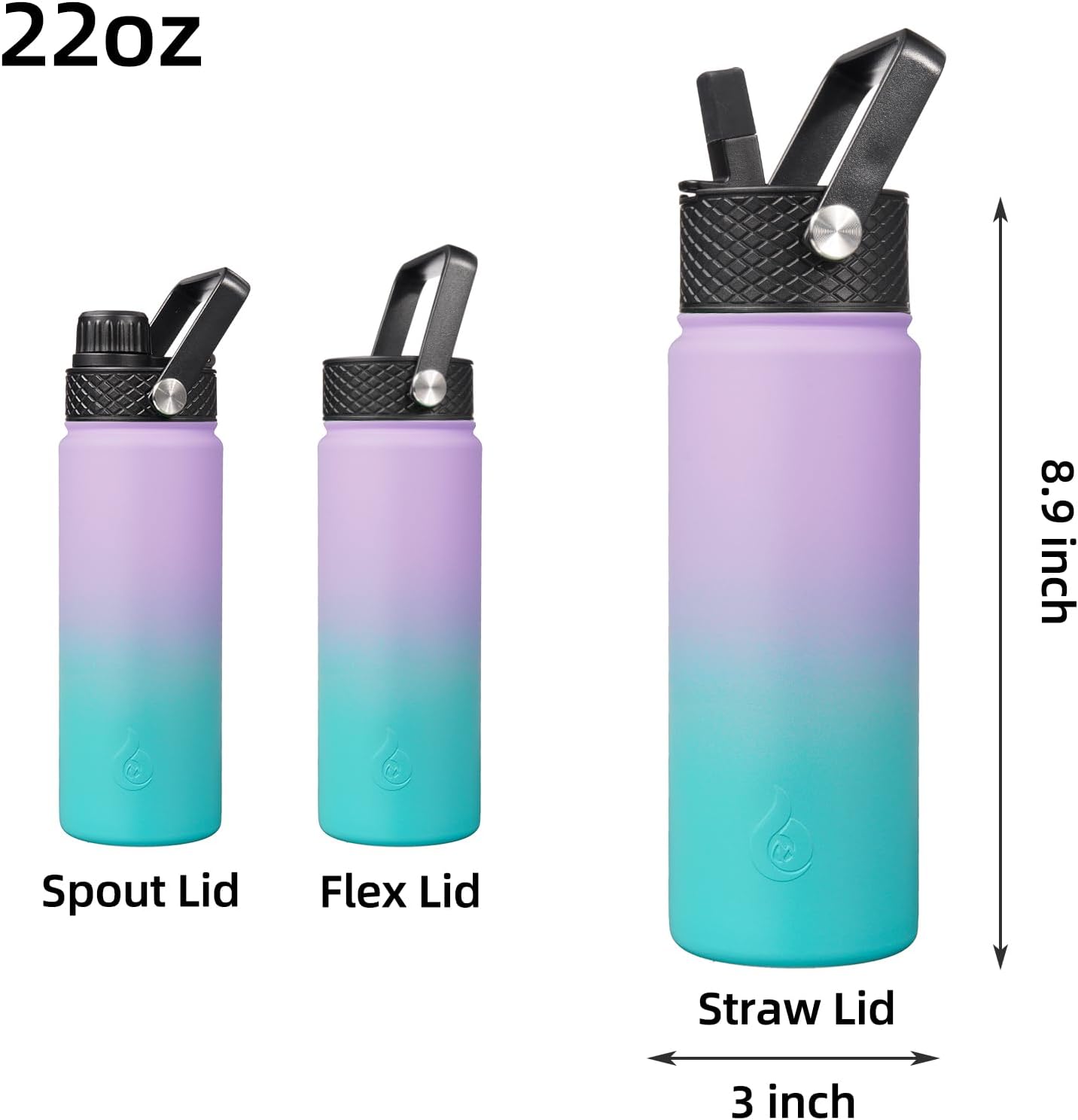 BJPKPK Insulated Water Bottles with Straw Lid, 40oz Stainless Steel Water Bottles with 3 Lids, BPA Free Leakproof Thermo, Tumblers, Cups for Sports, Gym- Midnight - Colors B