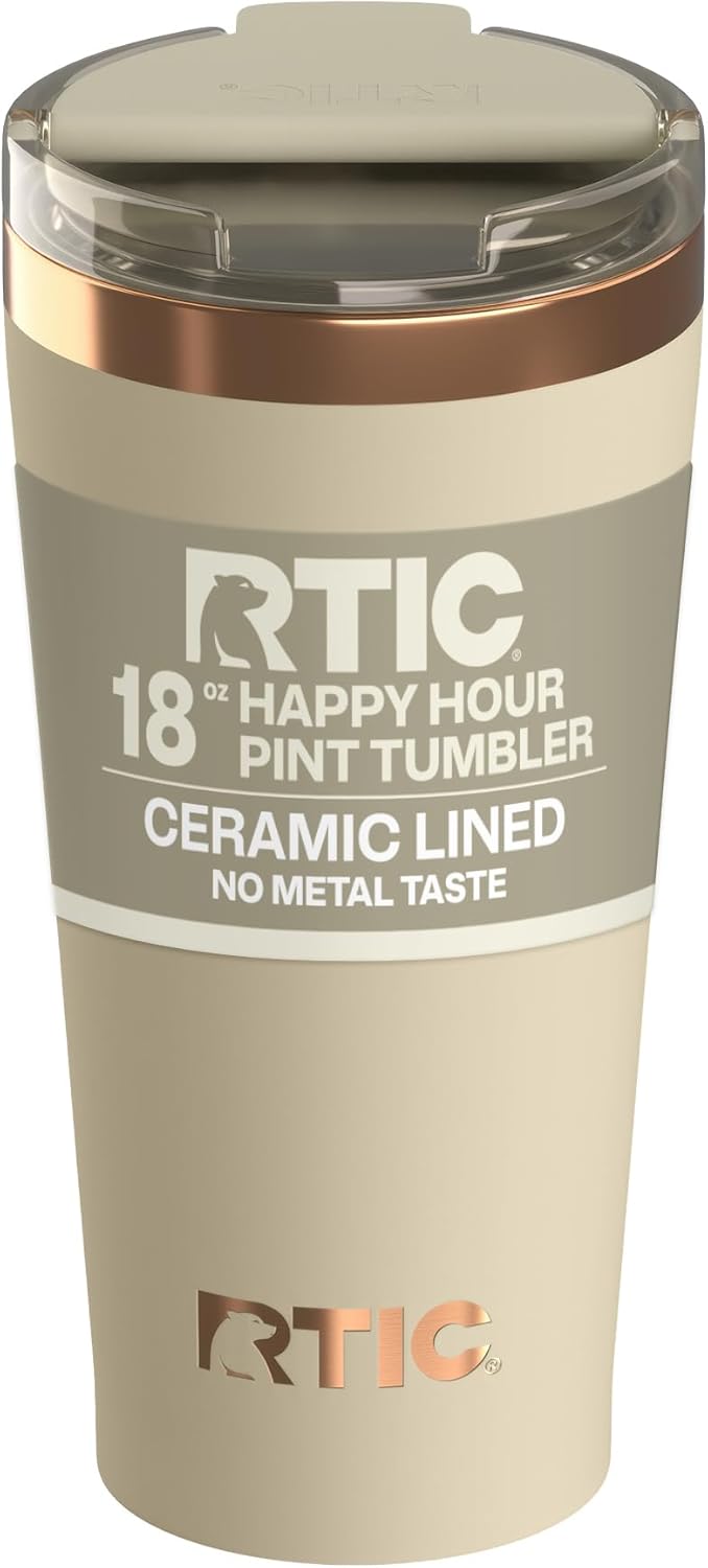 RTIC 18oz Happy Hour Pint Tumbler with Lid, Insulated, Ceramic Lined, Stainless Steel Metal, Portable Travel Cup for Hot and Cold Drink, Black Cherry