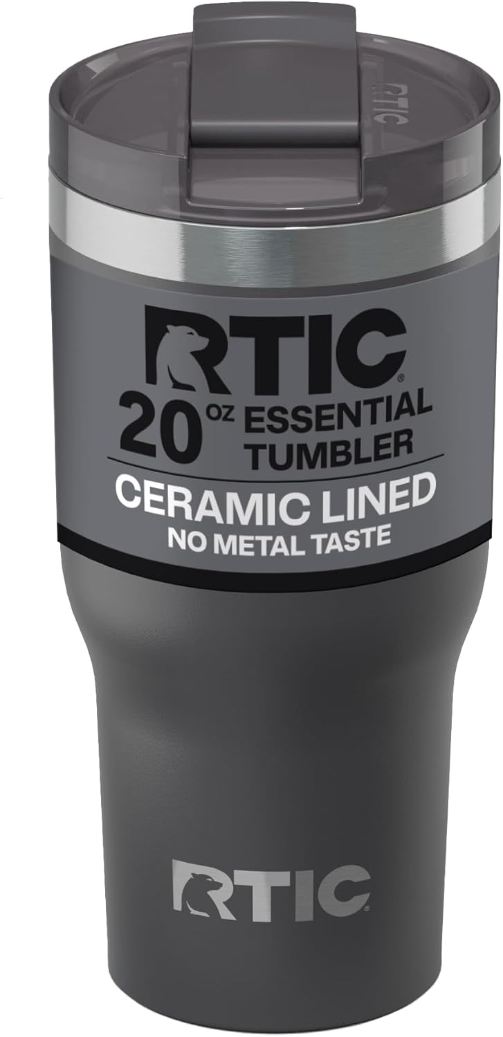 RTIC 20oz Essential Tumbler with Lid, Ceramic Lined, Insulated, Stainless Steel, Metal, Double Wall Vacuum-Insulation, Travel Cup for Iced Coffee, Tea, Hot and Cold Drink, Graphite