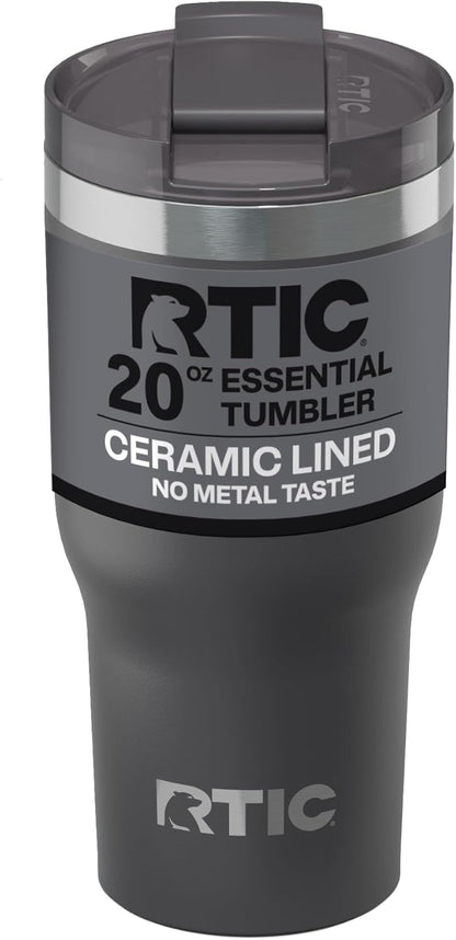 RTIC 20oz Essential Tumbler with Lid, Ceramic Lined, Insulated, Stainless Steel, Metal, Double Wall Vacuum-Insulation, Travel Cup for Iced Coffee, Tea, Hot and Cold Drink, Graphite