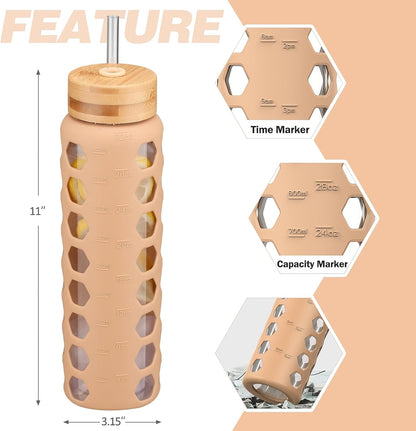 MUKOKO Glass Water Bottles, 32oz Glass Tumbler with Straw, Drinking Bottles with 2 Lids-Handle Spout Lid&Bamboo Straw Lid, Motivational Water Bottle with Time Marker and Silicone Sleeve, 1 Pack-Olive