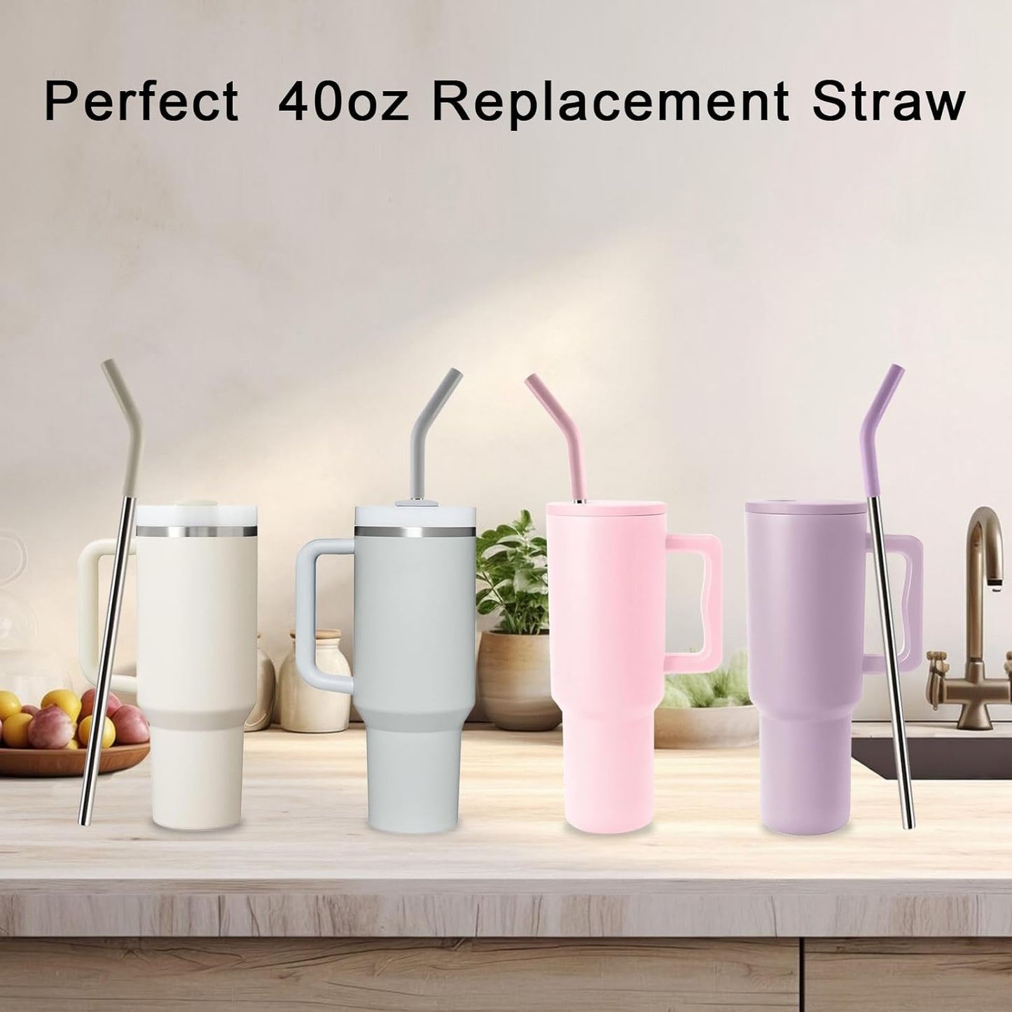 Replacement Straws for 40oz Tumblers,Metal Straws Reusable Compatible with Stanley 40oz Cup, 40 oz Tumbler Straw,4 Pack 12" Extra Long,3" Wide, Stainless Steel Straws with Silicone Tips and Brush