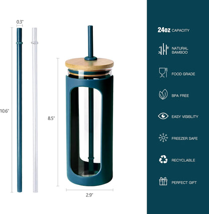 Kodrine 20oz Glass Water Tumbler with Straw and Lid, Bamboo Lids Water Bottle, Iced Coffee Cup Reusable, Wide Mouth Smoothie Cups with Protective Silicone Sleeve BPA FREE-Black - Colors A