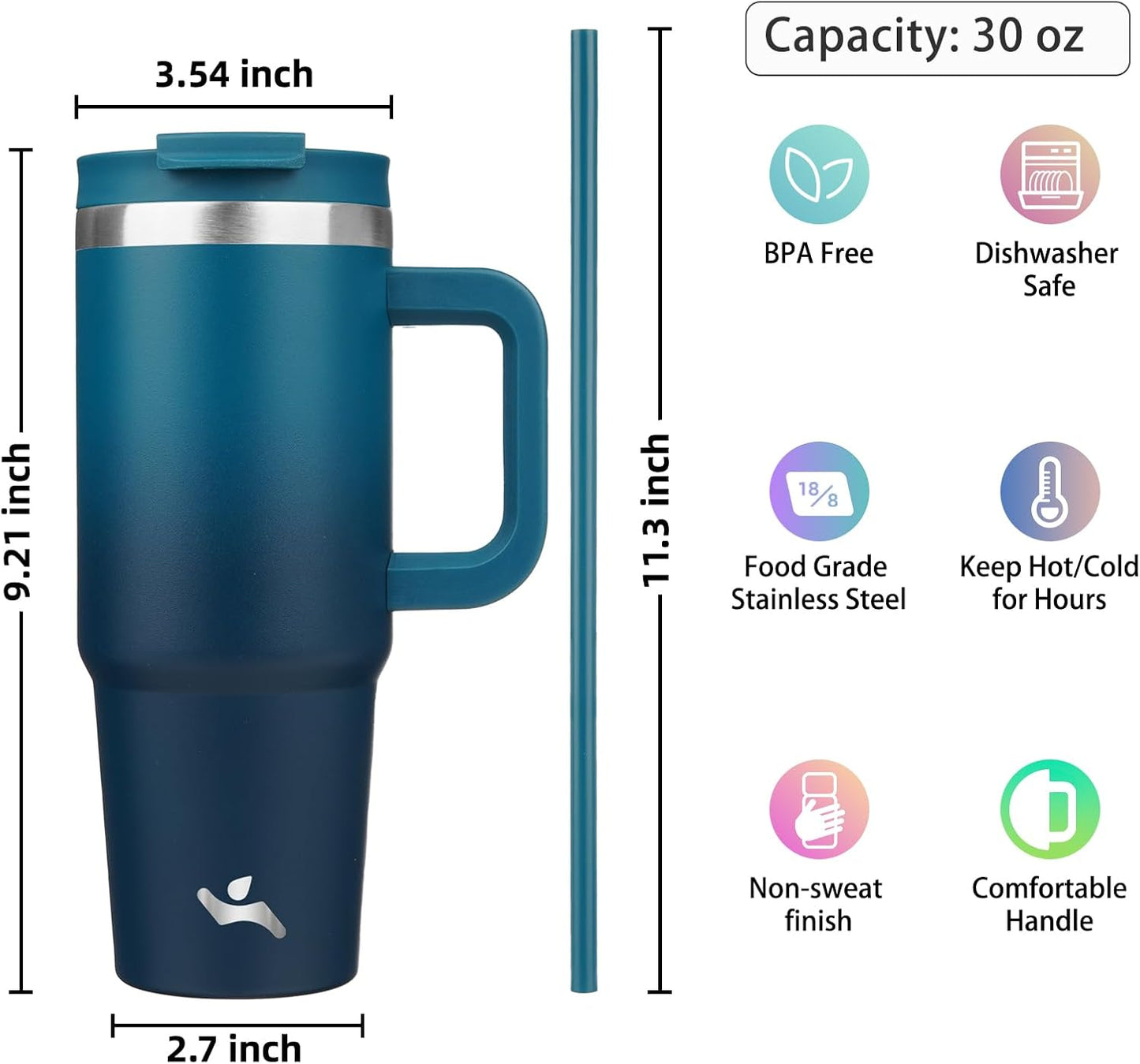 Konokyo 30 oz Tumbler with Handle and 2 Straws,2 in 1 Lid Insulated Water Bottle Stainless Steel Travel Coffee Mug,Sky