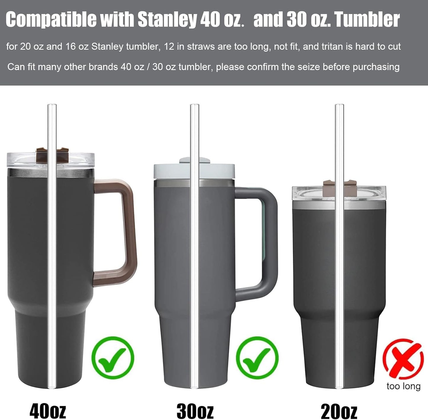 ALINK 8 Pack Replacement Glass Straws for Stanley 40 oz 30 oz Tumbler, 12 in Long Reusable Clear Straws for Stanley Cup Accessories, Half Gallon Bottle, Plus 2 Cleaning Brush