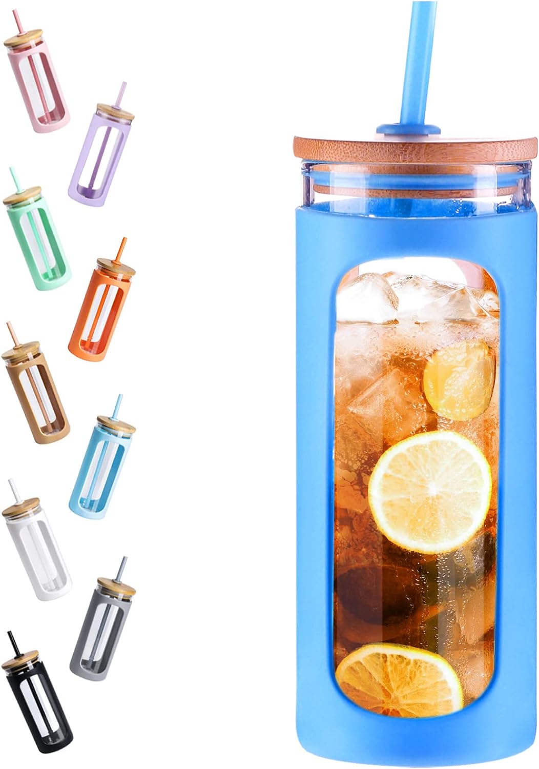 Kodrine 20oz Glass Water Tumbler with Straw and Lid, Bamboo Lids Water Bottle, Iced Coffee Cup Reusable, Wide Mouth Smoothie Cups with Protective Silicone Sleeve BPA FREE-Black - Colors B