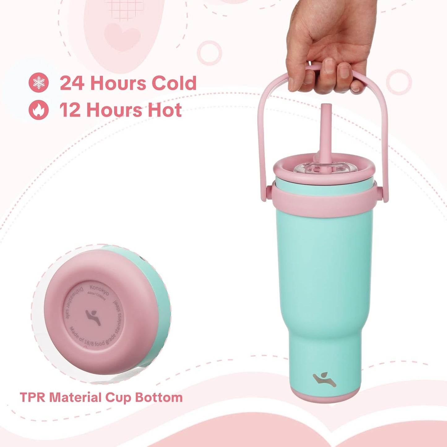 Konokyo 30 oz Tumbler with Side Handle, Insulated Water Bottle with Straw and 2 in 1 Lid, Stainless Steel Cup Travel Coffee Mug for Sports Office Gym,Purple