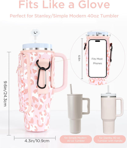 dabria Water Bottle Carrier Bag with Phone Pocket for Stanley 40/30 oz Tumbler Neoprene Water Bottle Holder Pouch with Adjustable Strap Bollus with Straw Cover for Stanley Cup Accessories