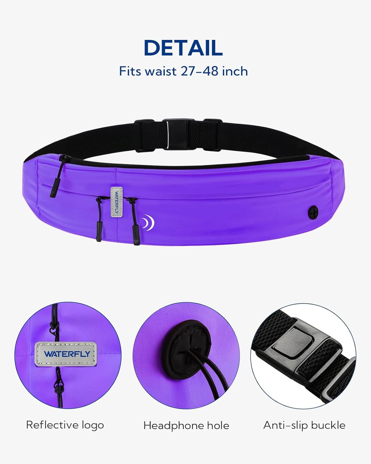 WATERFLY Running Belt Fanny Pack: Runner Marathon Jogging Waist Pack Sport Workout Exercise Fitness Phone Holder Belt for Men Women Jogger Slim Waist Bag Black