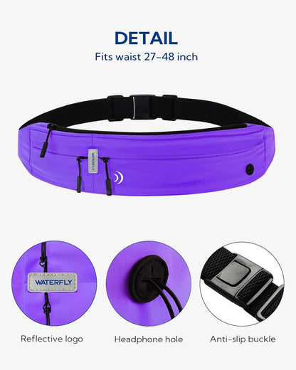 WATERFLY Running Belt Fanny Pack: Runner Marathon Jogging Waist Pack Sport Workout Exercise Fitness Phone Holder Belt for Men Women Jogger Slim Waist Bag Black