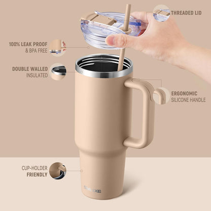 40 oz Tumbler with Handle and Straw Lid,Insulated Reusable Stainless Steel Water Bottle Travel Mug，Cupholder Friendly Double Wall Vacuum Sealed Cup (Black)