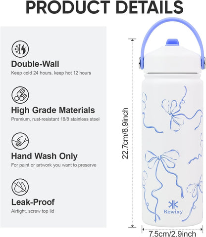 KEWIXY Kids Water Bottle for School, Easy Slide Lid, Leak Proof, Keep Cold 24H, Vacuum Insulated Tumbler, Metal Stainless Steel with Straw and Handle, for Boys&Girls (18OZ, Candy Pink)