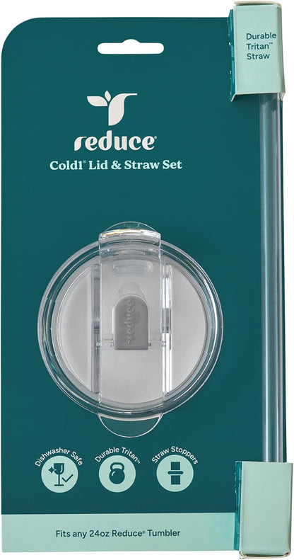 REDUCE brand Cold1 Tumblers or Mugs 20-24oz mouth Replacement Lid (3.5 inch diameter) and Straw (10.6 inch) set, Clear, BPA Free, Dishwasher safe, Durable, Reusable, Spill Proof Lid, Medium