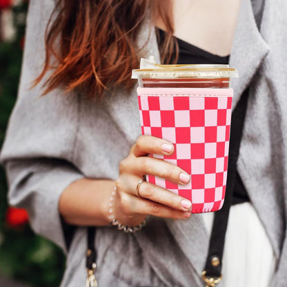 Reusable Insulated Neoprene Iced Coffee Cup Sleeve, Durable Drink Sleeve for Cold Beverages, Beverage Holder for Iced Coffee, Floral Checkers