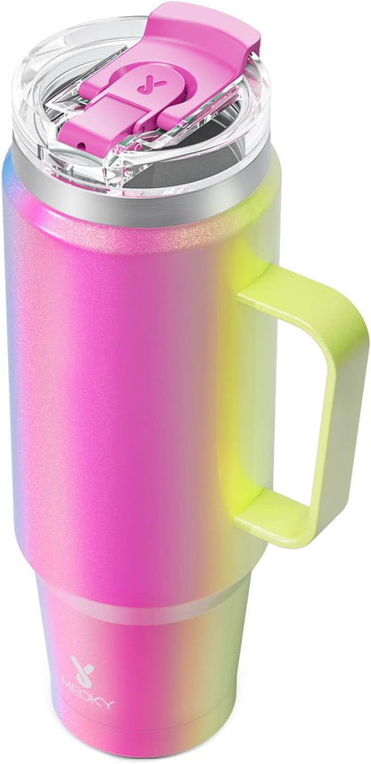 Meoky 32oz Tumbler with Handle, Stainless Steel Travel Mug with 2-in-1 Straw and Sip Lid, Vacuum Insulated Coffee Mug, 100% Leak Proof, Keeps Cold for 24 Hours or Hot for 8 Hours (Sky)