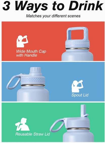 Half Gallon Water Bottle Insulated with Straw & 3 Lids, Coolflask 64 oz Water Jug Large Metal Stainless Steel Wide Mouth for Sports, Gym or Office, Non-BPA Keep Cold 48H Hot 24H, Samurai Cyan